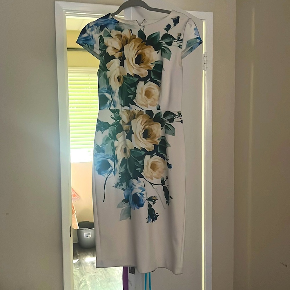 Betsy Johnson (size 2) beige formal dress with beige blue and green flowers.